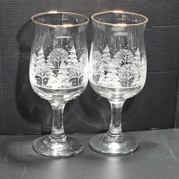 2 Lynns China Pines Water Goblets 7" gold winter scene white silhouette trees ho - Picture 2 of 7